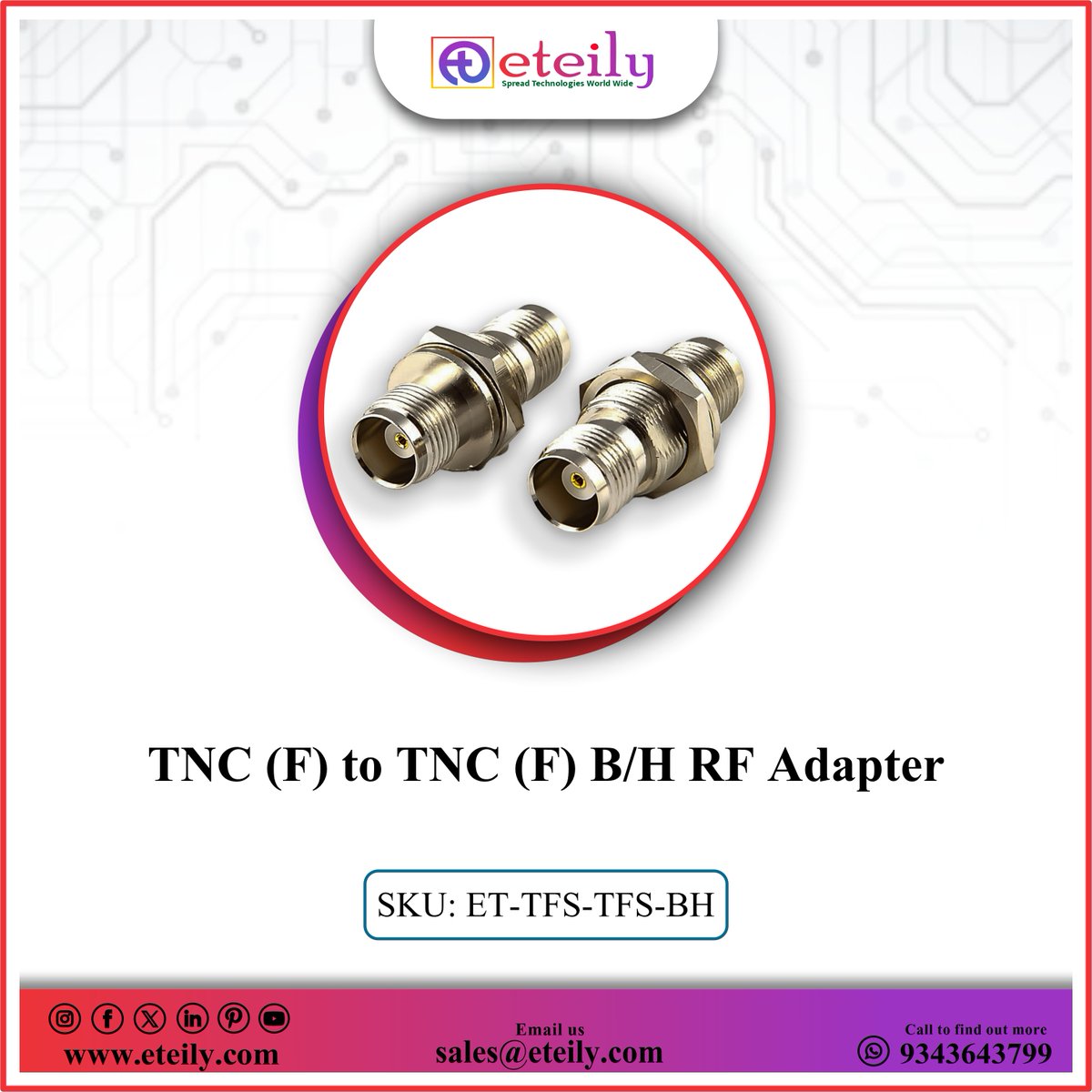 eteilyindia's tweet photo. Eteily Technologies India Pvt. Ltd.
✅TNC (F) to TNC (F) B/H RF Adapter
✅SKU: ET-TFS-TFS-BH

For More Info -
👉Contact Us - 9343643799 📞
👉Website - https://t.co/eIeWH6T1zk

#eteilytechnologies  #telecom #rfconnector #rfadapter #tncconnector #rfconnectivity #radiofrequency https://t.co/pWhfmv6y20