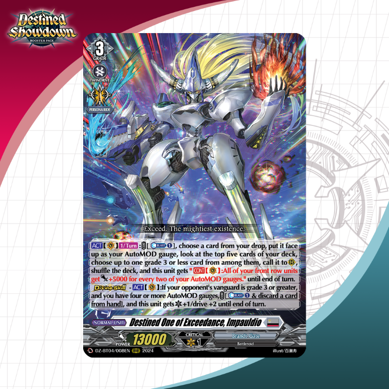 Today's featured card is Destined One of Exceedance, Impauldio! Booster Pack  04: Destined Showdown releases on October 25 at your local store!   https://t.co/f5gLexXBtJ #CardfightVanguard #TCG