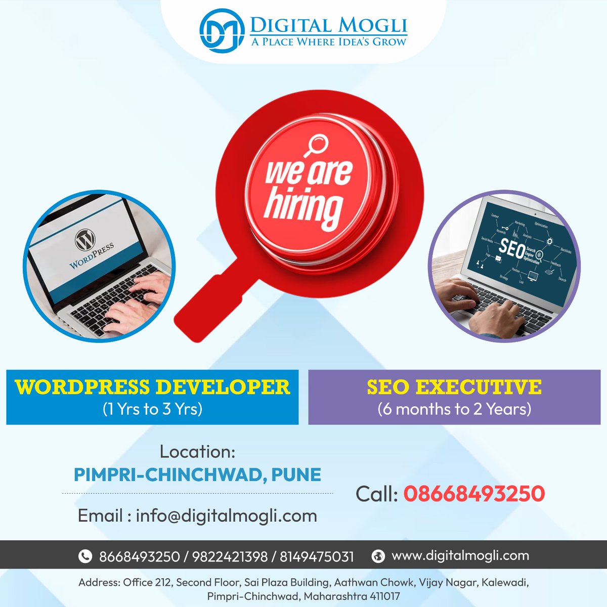 DigitalMogli's tweet image. 🌐Address: Office 212, Second Floor, Sai Plaza
Building, Aathwan Chowk, Vijay Nagar, Kalewadi,
Pimpri-Chinchwad, Maharashtra 411017
☎Contact No : 8668493250/9822421398/8149475031
#WebDeveloperWanted #Hiring #DeveloperJobs #WebDesignJobs #SEOExecutive #NowHiring #Digitalmogli