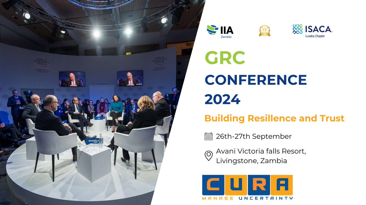 CuraGRC's tweet image. Mark your calendars! The GRC Conference is on Sept 26-27 in Livingstone, Zambia, hosted by ISACA Lusaka and IIA Zambia. 
Join industry leaders to explore ESG, emerging risks, and crisis management. Proudly sponsored by CURA. 
Register: near.tl/grcreg24 

#GRC #Curasoftware