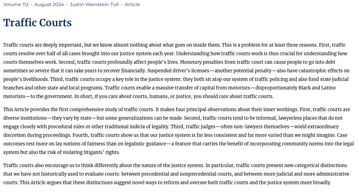 CalifLRev's tweet photo. @jweinsteintull provides a comprehensive study of traffic courts. These courts present new categorical distinctions that suggest novel ways to reform and oversee both traffic courts and the justice system more broadly. https://t.co/LSm1fwu01G https://t.co/QmInKcNNuR