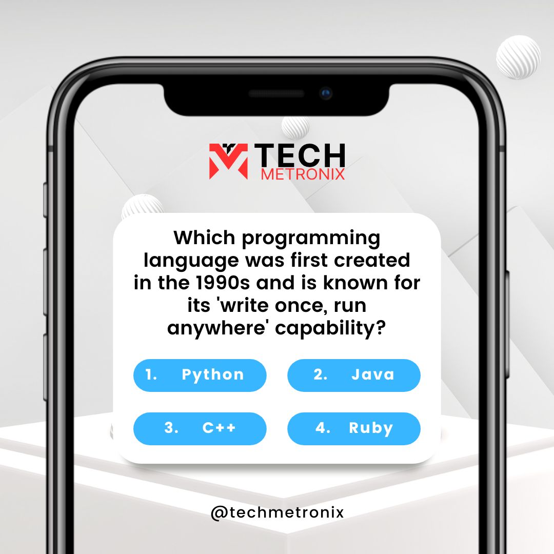 Techmetron70103's tweet image. 🧩Quiz Time! Which programming language was first created in the 1990s and is known for its 'write once, run anywhere' capability?
#WebDevelopment #CSS #DeveloperQuiz #techmetronix #quiz #development #java #angular #python #clanguageprogramming #programminglanguage #FrontEnd