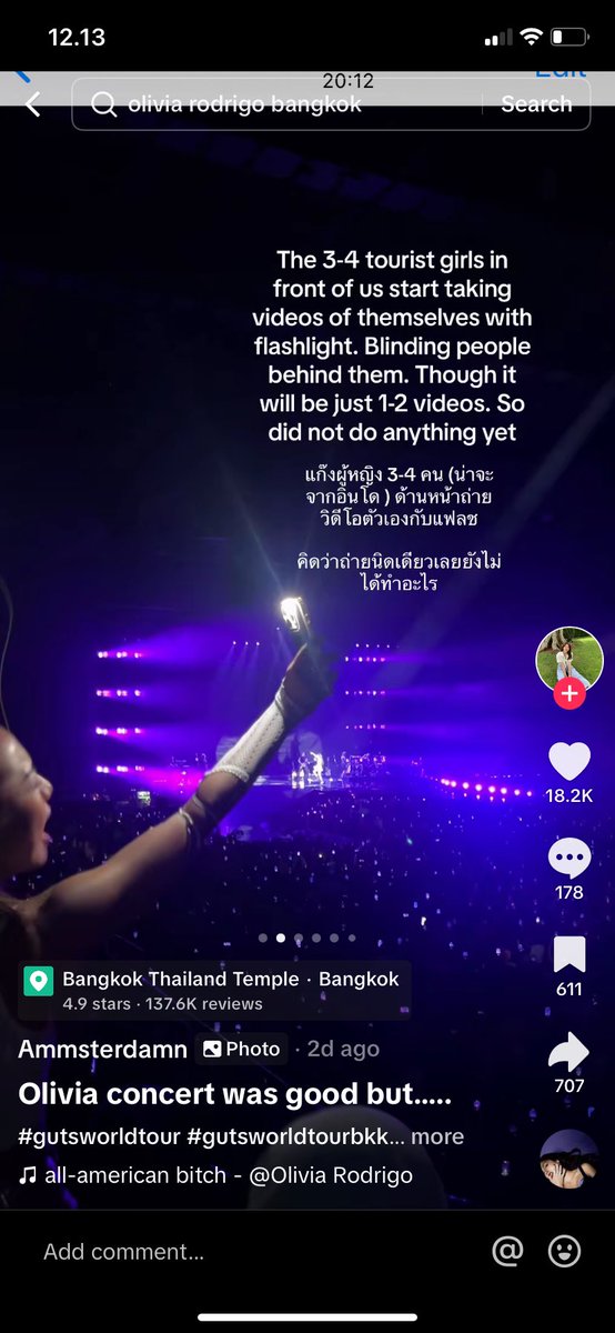 shandya's tweet photo. Di konser Olivia Rodrigo kmrn di Bangkok mulai ada “trend” baru yang cukup meresahkan

Kalo biasanya orang record artist yg manggung, ini orang2 ngerecord diri mereka nyanyi pake lampu flash, bikin penonton di belakangnya ga bisa liat

Mudah2an trend kyk gini ga sampe ke Indo 😬 https://t.co/xuCYpH6PSU