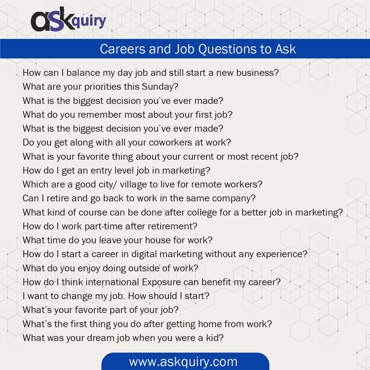 askquiry's tweet image. Discover valuable insights into careers and job questions. Access sample answers and expert tips to navigate your job search with confidence.

askquiry.com/question_cat/c…

#careersquestions #jobquestions #careersquestion #jobquestion #jobsearch #answers #askquiry #careers #job