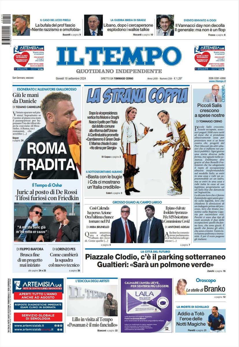 📍 La strana coppia #Meloni-#Draghi
📍 #Juric al posto di #DeRossi. Tifosi furiosi con #Friedkin
📍 Il #Vannacci day non decolla. Il generale: ma non è un flop

🔽 La prima pagina 📰 Siamo in edicola📣🗞
#19settembre #buongiornoatutti ⏰☕️