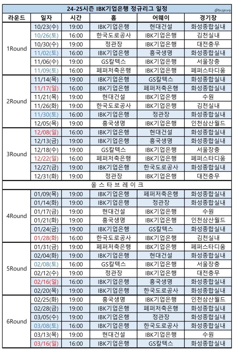 또내가보려고정리한,,
24-25 IBK 기업은행 정규리그 일정💙