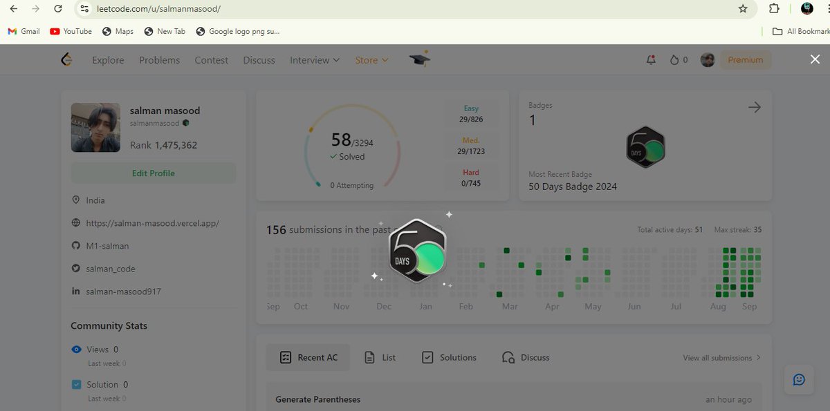 salman_code's tweet image. Got a 50 days Leetcode badge💪