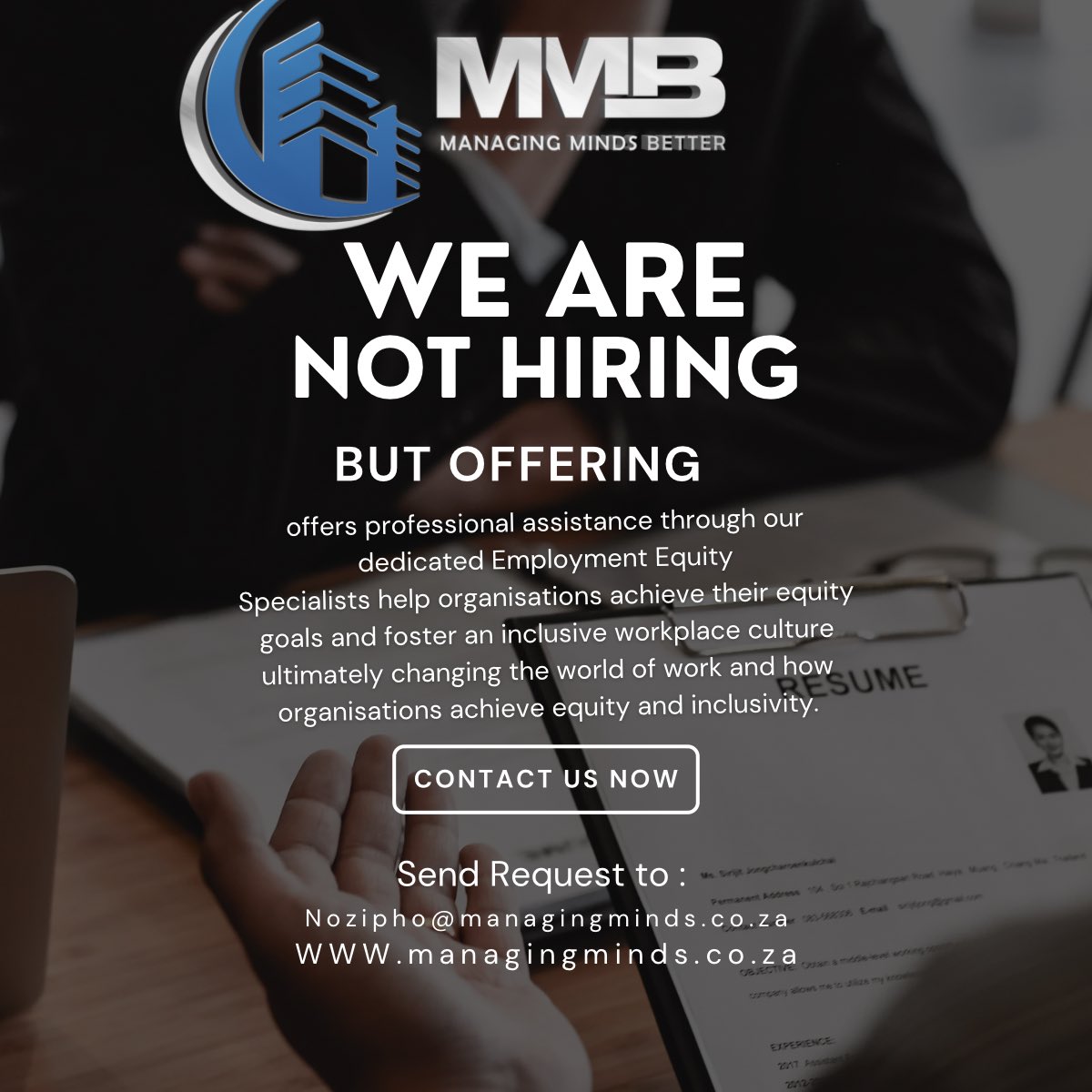 managing_mindSA's tweet image. Are you ready to comply ? 
Is your EE reporting uptodate ? 
Are you meeting the expected target threshold as per the department of labor we’ll worry  no further and let us handle it for you…
#skillsdevelopment #employmentequity