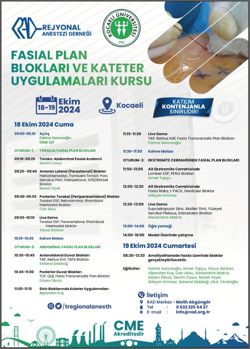 Saygıdeğer Meslektaşlarımız,

Derneğimiz tarafından 18-19 Ekim 2024 tarihlerinde Kocaeli Üniversitesi Tıp Fakültesi Hastanesinde düzenlenecek olan “Fasial Plan Blokları ve Kateter Uygulamaları Kursu”muza rad.org.tr adresi üzerinden kayıt yaptırabilirsiniz.

Saygılar