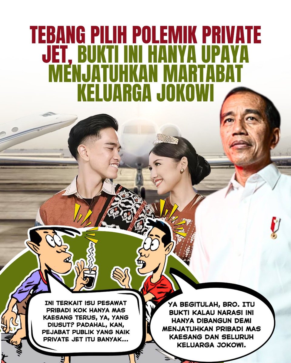 terkait isi yg ga kunjung padam nih, knp sih kok hanya mas kaesang aja terus yg dipojokin , padahal pejabat publik lain banyak loh yg pakai private jet. apa iya  Maling Teriak Maling yg tujuannya buat jatuhin martabat keluarga pak jokowi