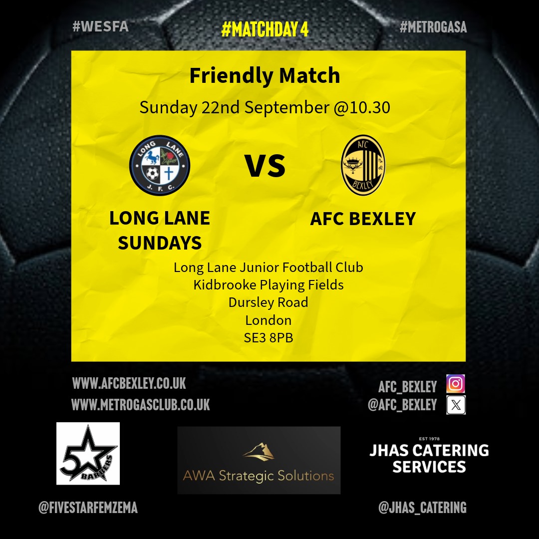 AFC Bexley (@afc_bexley) on Twitter photo Game This Sunday Against
<a href="/LLJFCSundays/">Long Lane Sundays</a>
Chance for the boys to get more minutes in the tank!⚽️
<a href="/WESFA_Football/">W.E.S.F.A.</a>
@SELKGrassroots Game This Sunday Against
<a href="/LLJFCSundays/">Long Lane Sundays</a>
Chance for the boys to get more minutes in the tank!⚽️
<a href="/WESFA_Football/">W.E.S.F.A.</a>
@SELKGrassroots
