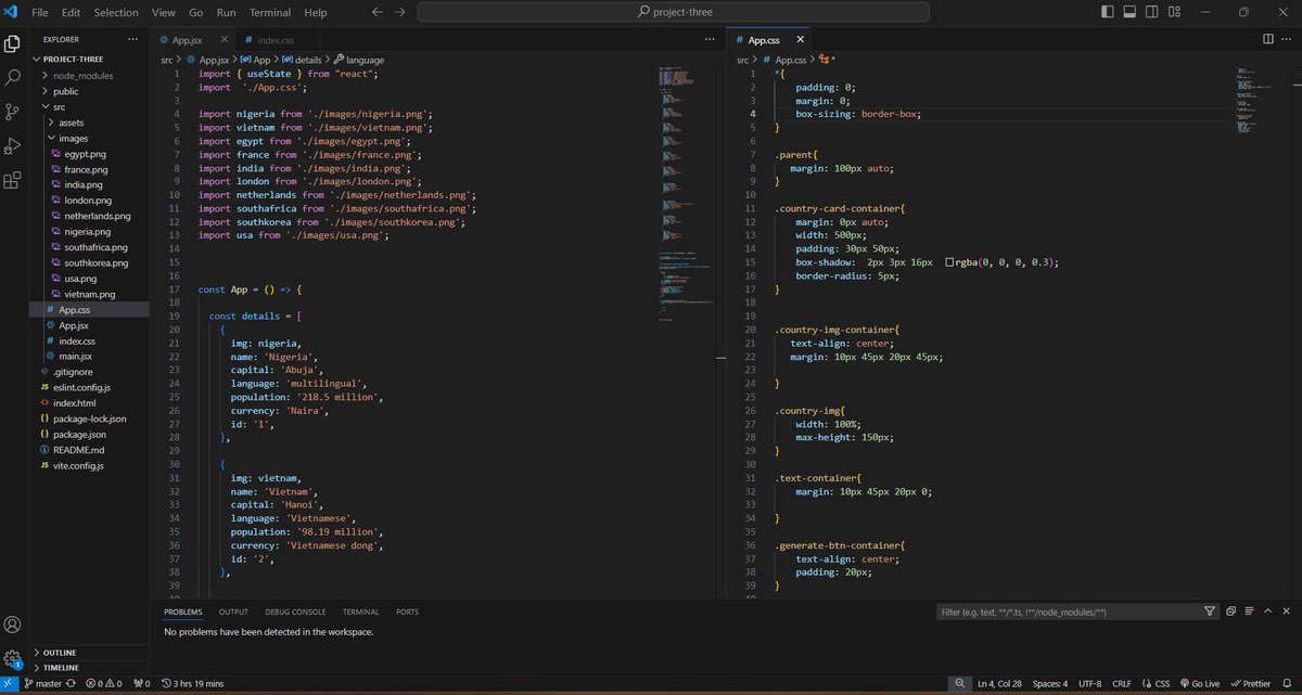 Debbie35d's tweet image. Day 19- 25 #100daysofcodechallenge #React
Feeling a bit sluggish in my learning journey lately 😫
But, I'm proud to say I've completed another 30 days of the #ReactChallenge!
This time, I built a Country Generator that randomly generates countries