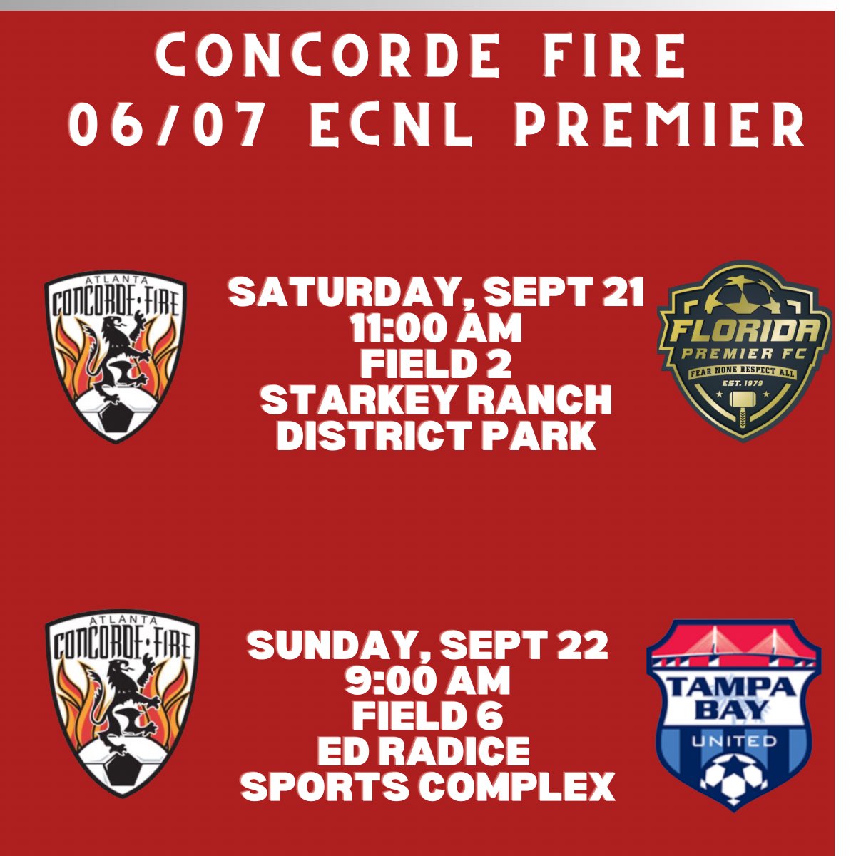 Concorde Fire 06/07 Premier ECNL (@cf06premierecnl) on Twitter photo Location and time change for Saturday!
<a href="/ConcordeSoccer/">Concorde Fire Soccer</a> <a href="/ECNLgirls/">ECNL Girls</a> <a href="/ECNLSoutheast/">ECNL Southeast Girls</a> <a href="/ImCollegeSoccer/">College Soccer Truth ™</a> <a href="/ImYouthSoccer/">ECNL/GA/Recruiting/College Soccer</a> Location and time change for Saturday!
<a href="/ConcordeSoccer/">Concorde Fire Soccer</a> <a href="/ECNLgirls/">ECNL Girls</a> <a href="/ECNLSoutheast/">ECNL Southeast Girls</a> <a href="/ImCollegeSoccer/">College Soccer Truth ™</a> <a href="/ImYouthSoccer/">ECNL/GA/Recruiting/College Soccer</a>
