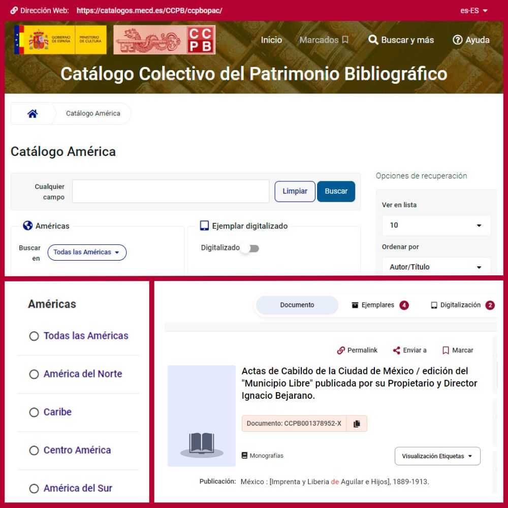 El Catálogo Colectivo del Patrimonio Bibliográfico Español acaba de renovar su interfaz. 
Además, se ha creado el Catálogo América, que recoge libros publicados en los diferentes países americanos e incluye la posibilidad de buscar por país o por área geográfica.