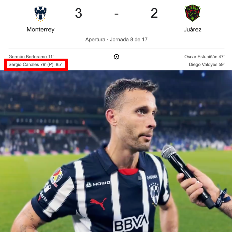 InvictosSomos's tweet photo. Y cuando parecía que el Monterrey volvería a dejarse puntos en casa, apareció ÉL. Doblete de Sergio Canales en el tramo final para liderar la REMONTADA de Rayados contra FC Juárez. Sin ser desde delantero, Sergio Canales ya tiene 17 GOLES OFICIALES (47 partidos) con la camiseta del Monterrey. Qué jugador, señoras y señores. EL MAGO ESPAÑOL.