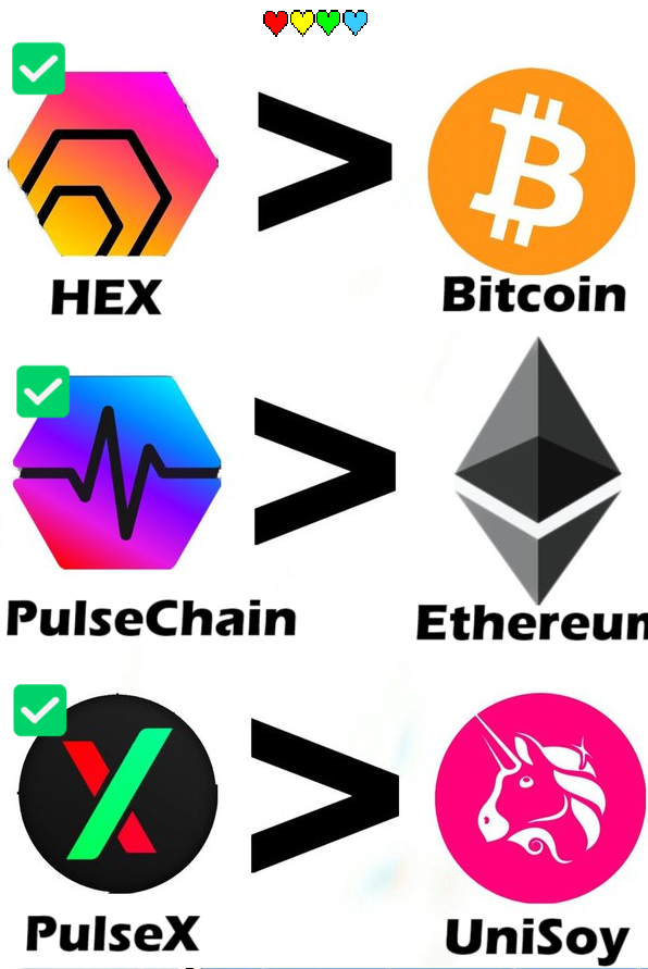 yourfriendSOMMI's tweet image. ❤💛💚💙

✅ HEX is a Better Bitcoin because $HEX survived -99% &amp;amp; can be staked.

✅ PulseChain is a Better Ethereum because $PLS is a New Cycle #1 coin, and is way less than $100B market cap.

✅ PulseX is a Better UniSoy because $PLSX Buy &amp;amp; Burn is God Mode.