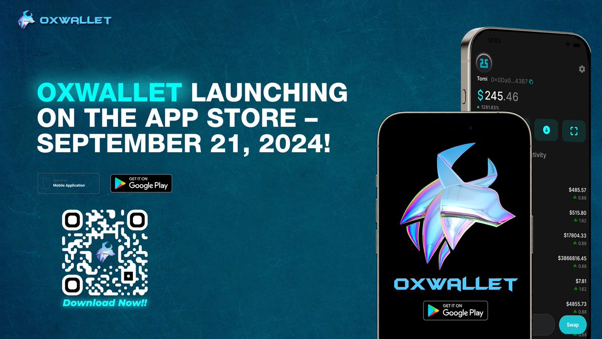 oxchangefinance's tweet photo. 📅Save the date! On September 21, 2024, OxWallet officially launches on the App Store. Secure, simple, and made for YOU!
Stay tuned for the ultimate crypto wallet experience on iOS. 🚀
#OxWallet #AppStore #iOSLaunch #CryptoWallet https://t.co/zt24ibIkof