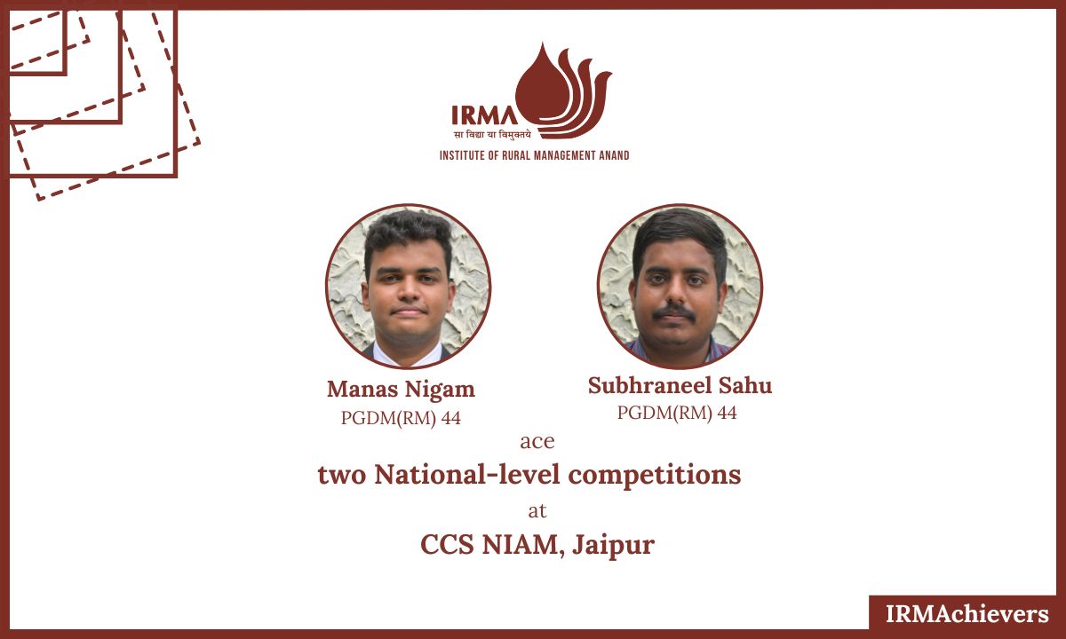 IRMAOfficial79's tweet photo. Manas Nigam and Subhraneel Sahu from the 44th batch (2023-25) of the PGDM(RM), participated in national-level case competitions held at NIAM, Jaipur.
They were ranked first out of 1790 total participants.
https://t.co/N7wSejXA1Y
#IRMA #IRMAchievers #Casestudycompetition #Bschool https://t.co/MQdUzyeQ2n