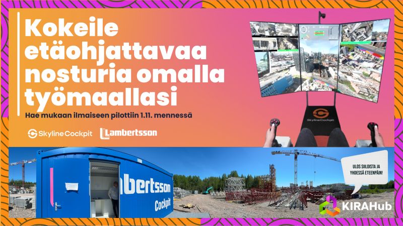 🚧 KIRAHub tarjoaa yhdessä Lambertssonin ja Skyline Cockpitin kanssa maksuttoman pilottimahdollisuuden testata etäohjattavaa nosturia aidolla työmaalla, parantaen työn tehokkuutta ja turvallisuutta.

Lue lisää ja hae mukaan: kirahub.org/kokeile-etaohj…