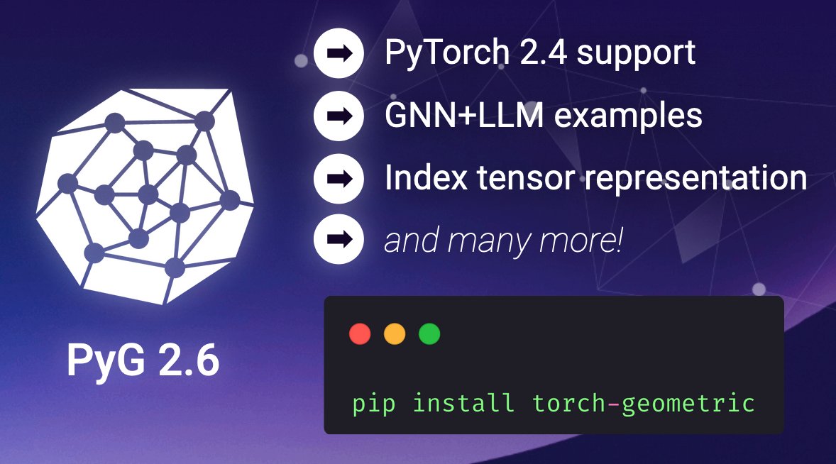 rusty1s's tweet image. PyG 2.6 is here, including new models and examples on how to combine GNNs with LLMs! Thanks to many contributors who have made this release possible.
Full release notes👇
github.com/pyg-team/pytor…