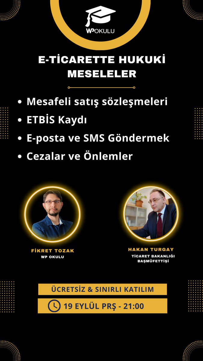 🚀 E-ticarette hukuki cezalar ve önlemler webinarını kaçırmayın!

🗓️ 19 Eylül Perşembe 21:00 - Zoom
🎙️ Konuk: Hakan Turgay, Ticaret Bakanlığı Başmüfettişi

Mesafeli satış sözleşmeleri, ETBİS, yasal iletişim, cezalar ve önlemler
Kayıt linki bir sonraki twitte:
#eticaret #webinar