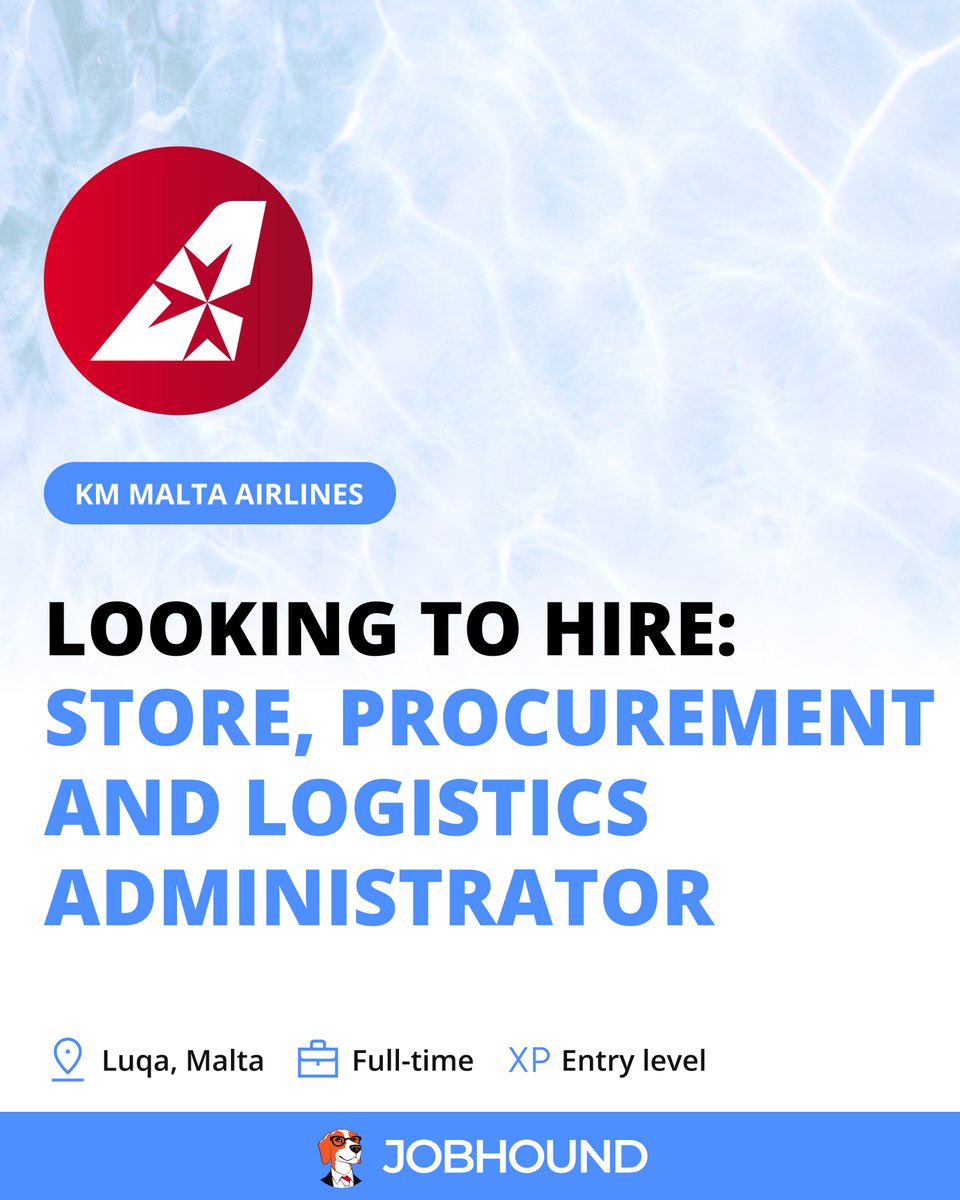 jobhoundmt's tweet photo. 🟠 Join KM Malta Airlines as a Store, Procurement, and Logistics Administrator! ✈️📦
💼 Full-time
🔗 Link to apply bellow ⬇️

#Malta #MaltaJobs #jobhound https://t.co/jbj82K64zW