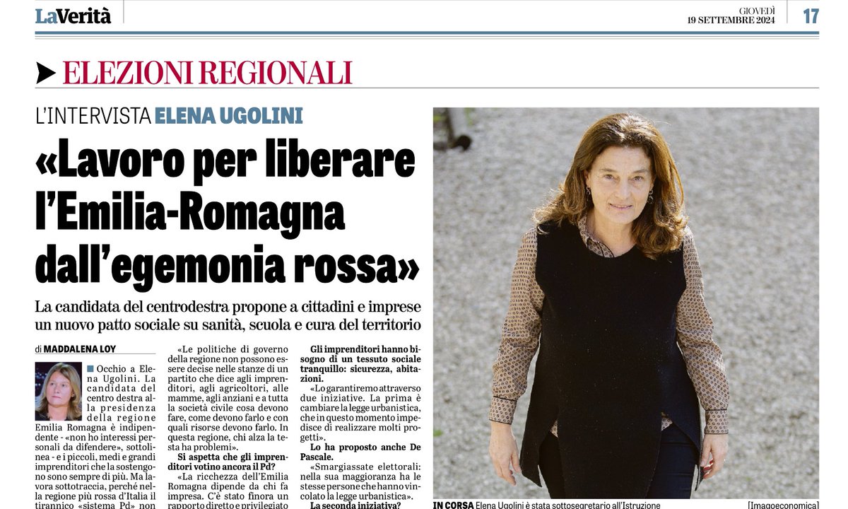 madforfree's tweet photo. Intervista a Elena Ugolini, candidata presidente della regione Emilia Romagna: “Le politiche di governo della regione non possono essere decise nelle stanze di un partito che dice ad imprenditori, agricoltori, mamme, anziani e a tutta la società civile cosa devono fare, come devono farlo e con quali risorse. Il ‘sistema Pd’ è dirigistico. In questa regione, chi alza la testa ha dei problemi”.
Oggi su @LaVeritaWeb