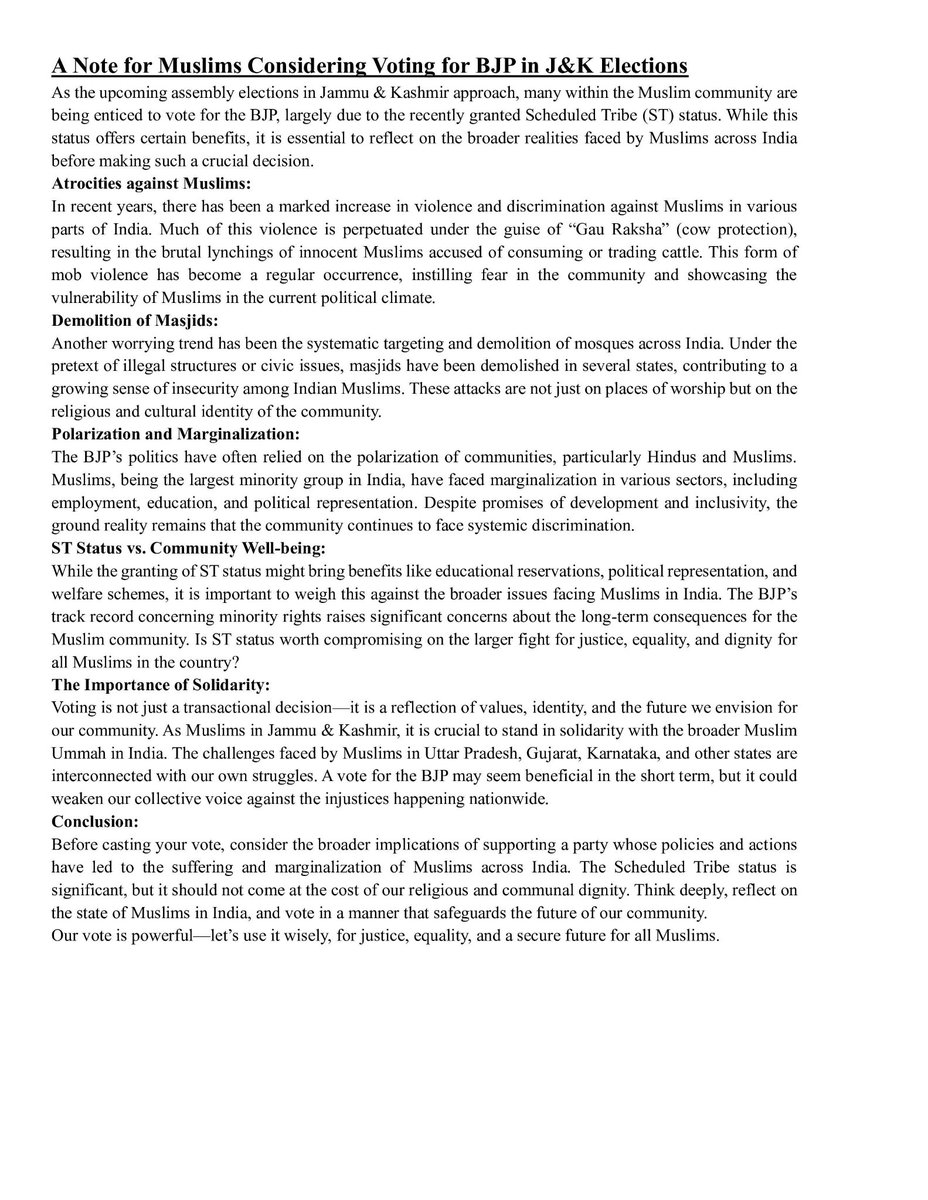 WYounis_92's tweet image. Voting for BJP means endorsing their Hindutva ideology, being complicit in anti-Muslim atrocities, and aligning with the RSS&apos;s divisive agenda. #NoToHate #RejectHindutva #StandForUnity&quot; #JammuKashmirAssemblyElections2024 @JKNC_