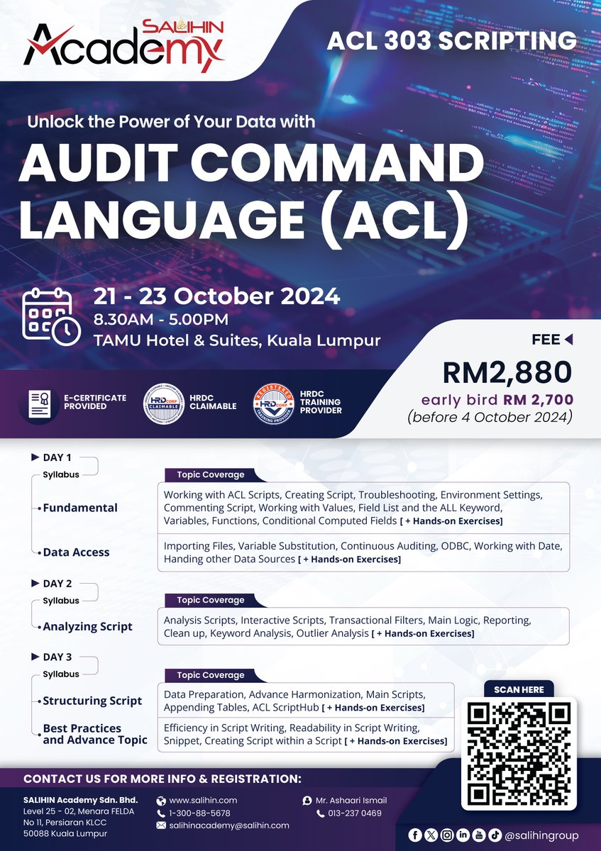 Attention Data Analysts, #SALIHIN Academy is hosting the #ACL 303-Scripting training from 21 to 23 Oct 2024. This #course is designed to deepen your understanding of ACL and enhance your #data analysis skills.

Secure your spot by clicking the link below: forms.office.com/r/3p6G7PzvuK?o…