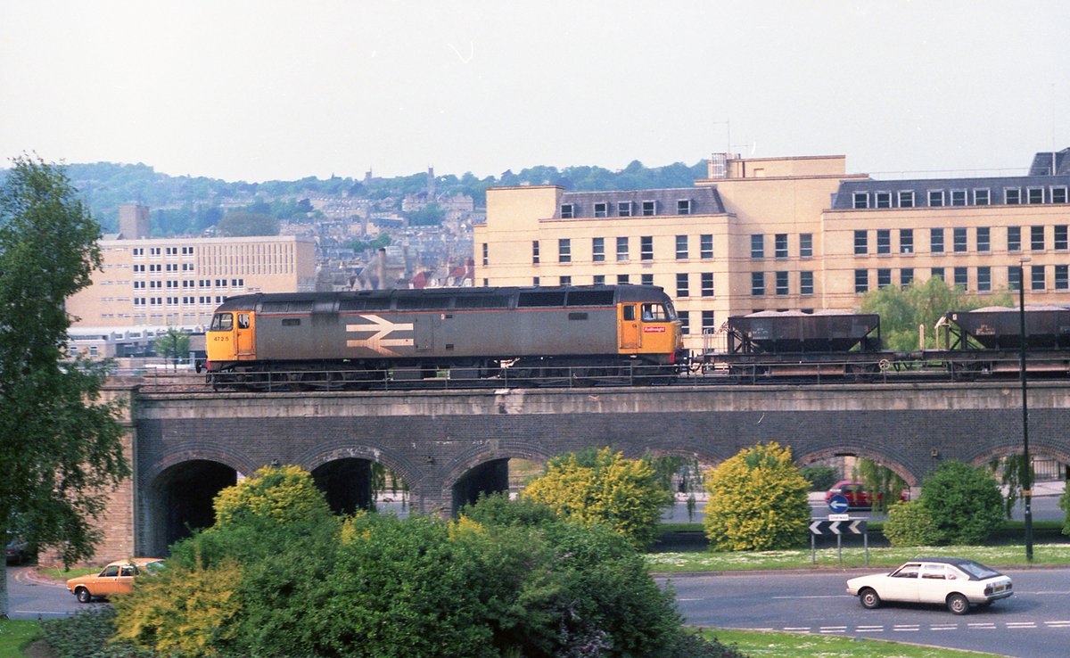PJSRail's tweet photo. Double #ThrowbackThursday today: Here in 1988, as a 20 Yr old I worked in train planning but would get out with camera regularly. Bristol Parkway & Bath for some #BR #largelogo action #cl47 #cl56 Note elderly (even then) Dogfish ballast wagons @RailwayMagazine @railway200 https://t.co/o3H4gwu9Cb