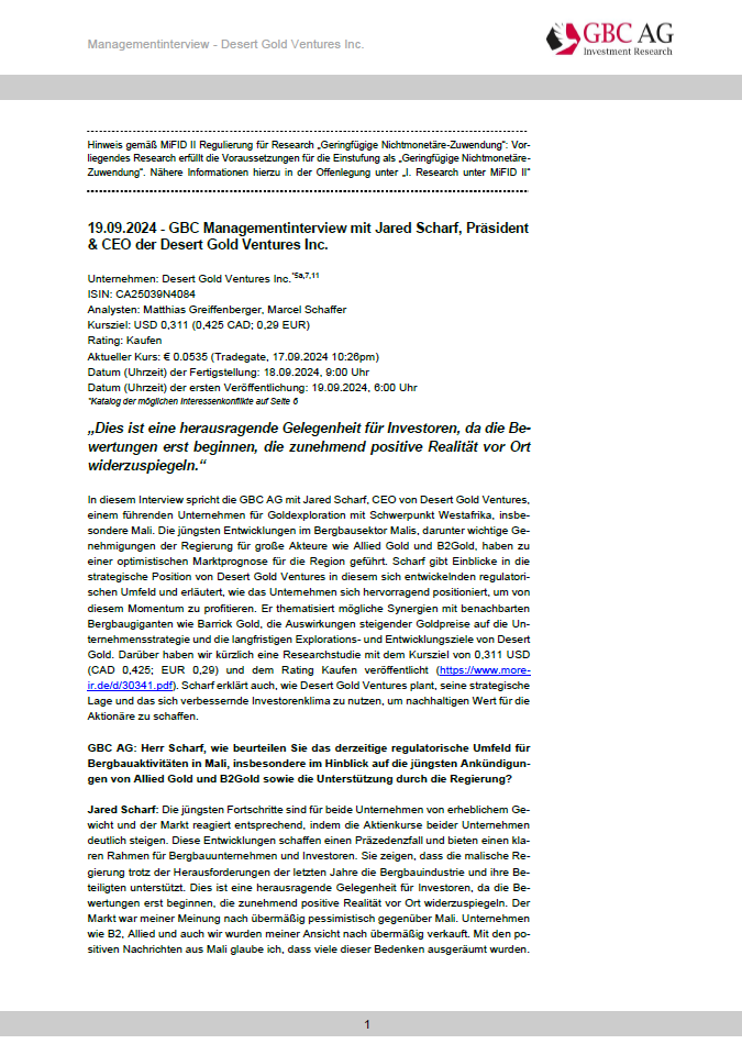 GBC_Research's tweet image. @DesertGoldVentr  (#DAU) #EquityResearch #Managementinterview Rating: kaufen Kursziel: 0,29€ "Dies ist eine herausragende Gelegenheit für Investoren.." #SmallCaps #Börse #Aktie #Research #Rohstoffe   t1p.de/3n9q0