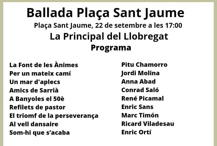 🎼Agenda la Llobregat:

🗓 DISSABTE 21 de setembre
📍 Balaguer (plaça de la sardana)
⏰ 17h Aplec

🗓 DIUMENGE 22 de setembre
📍 Barcelona (plaça Sant Jaume)
⏰ 17h Ballada

Ens hi acompanyeu?