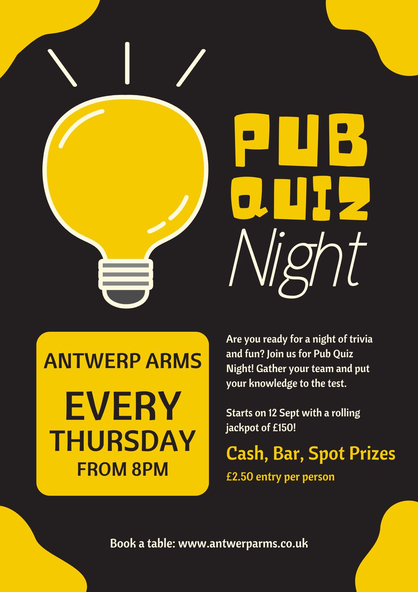 🍻 Calling all trivia buffs and beer lovers…🧠

It’s our weekly Pub Quiz tonight! 

🕖 Time: 7:30pm for an 8pm start

🏆 Awesome prizes up for grabs! 

Last weeks winnings: cash prizes, a £30 bar tab, bottle of wine, and more!
