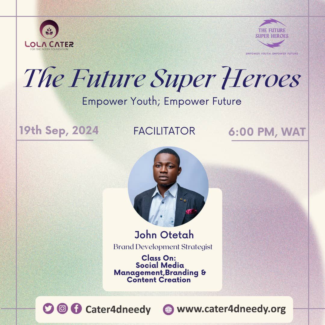 LolaCaterF's tweet photo. As the Future Super Heroes mentorship fellowship continues today, we are excited about this class which will be on
Topic: Social Media Management, Branding and Content Creation.
Facilitator: John Otetah.
#LC4NF
#EYEF
#TheFutureSuperHeroes https://t.co/nGwtDiabBh