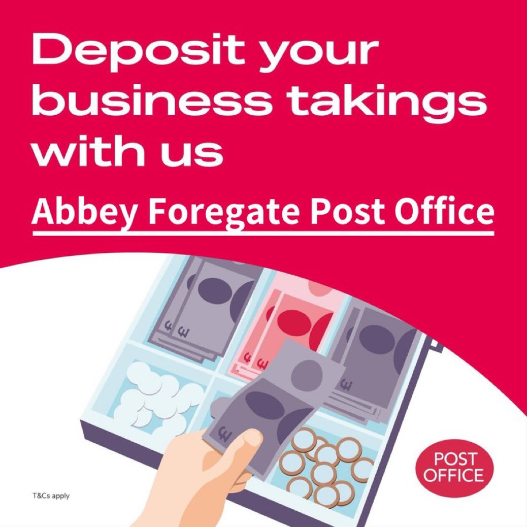 abbeyforegatePO's tweet photo. Banking your business takings is easy at Abbey Foregate Post Office 📮
Monday to Friday 9am-5.30pm
FREE PARKING 🅿️
Dog friendly 🐶
▪️Cash deposits
▪️Cheque deposits
▪️Cash withdrawals
#postoffice #abbeyforegate #banking #shrewsbury #mainpostoffice #businessbanking https://t.co/NKWjLRkJ6h