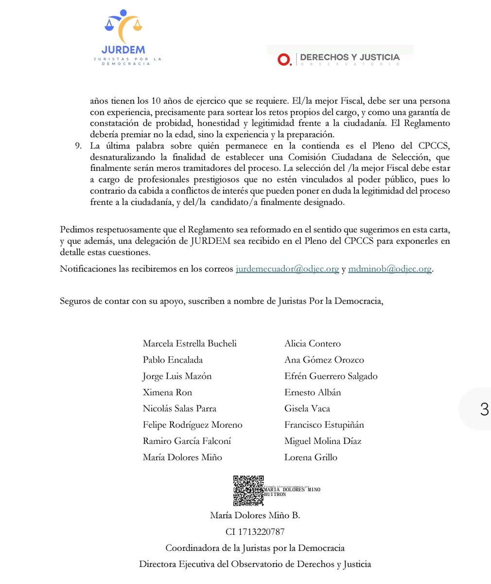 JurdemEcuador's tweet photo. Estimados @CpccsEc @AndresFantoniB: Desde Juristas por la Democracia, les  hemos remitido a ustedes una carta abierta, con nuestras observaciones sobre el Reglamento para la Designación de @FiscaliaEcuador. 

Urge que sumemos esfuerzos para elegir al/la #FiscalQueMerecemos. https://t.co/DuURj8M8Ki
