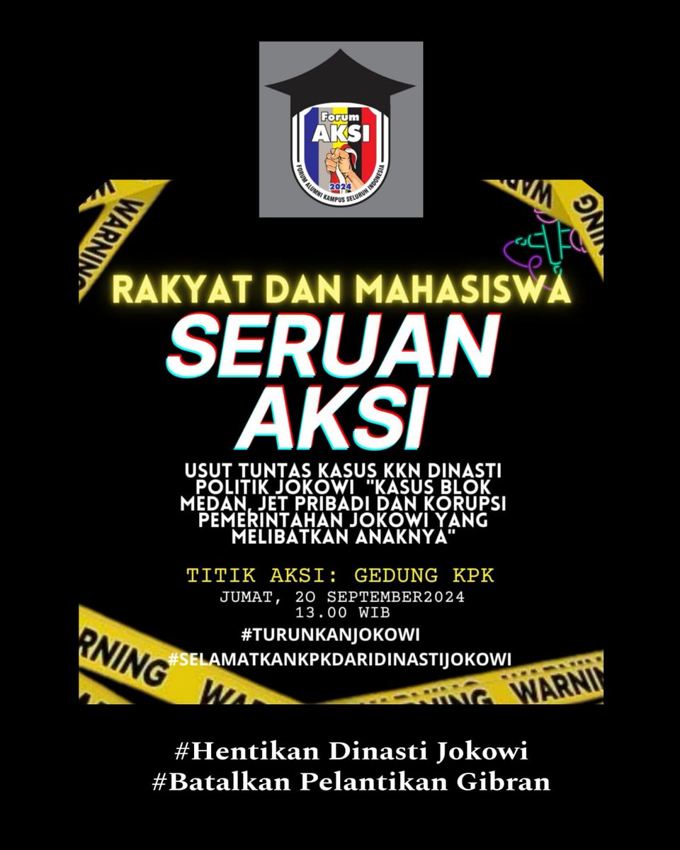 Boediantar4's tweet photo. Semua di Undang.
Forum AKSI, Bersama Elemen Masyarakat, Ormas, Purnawirawan TNI dan Polri, Akademisi, Tokoh Politik, Tokoh Nasional dan Mahasiswa. Geruduk Kantor KPK, Jumat 20 September 2024. 
Jam. 13.00 s/d selesai. 
Ramaikan. https://t.co/SiA8MqaPl9