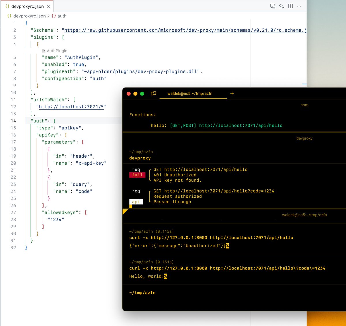 waldekm's tweet image. The easiest way to test Azure Functions access key and Easy Auth auth in local dev: use #DevProxy!
In the latest preview version of #DevProxy we introduce a new plugin for simulating auth using API keys and OAuth2. Invaluable for testing e2e flows with service-level auth in…