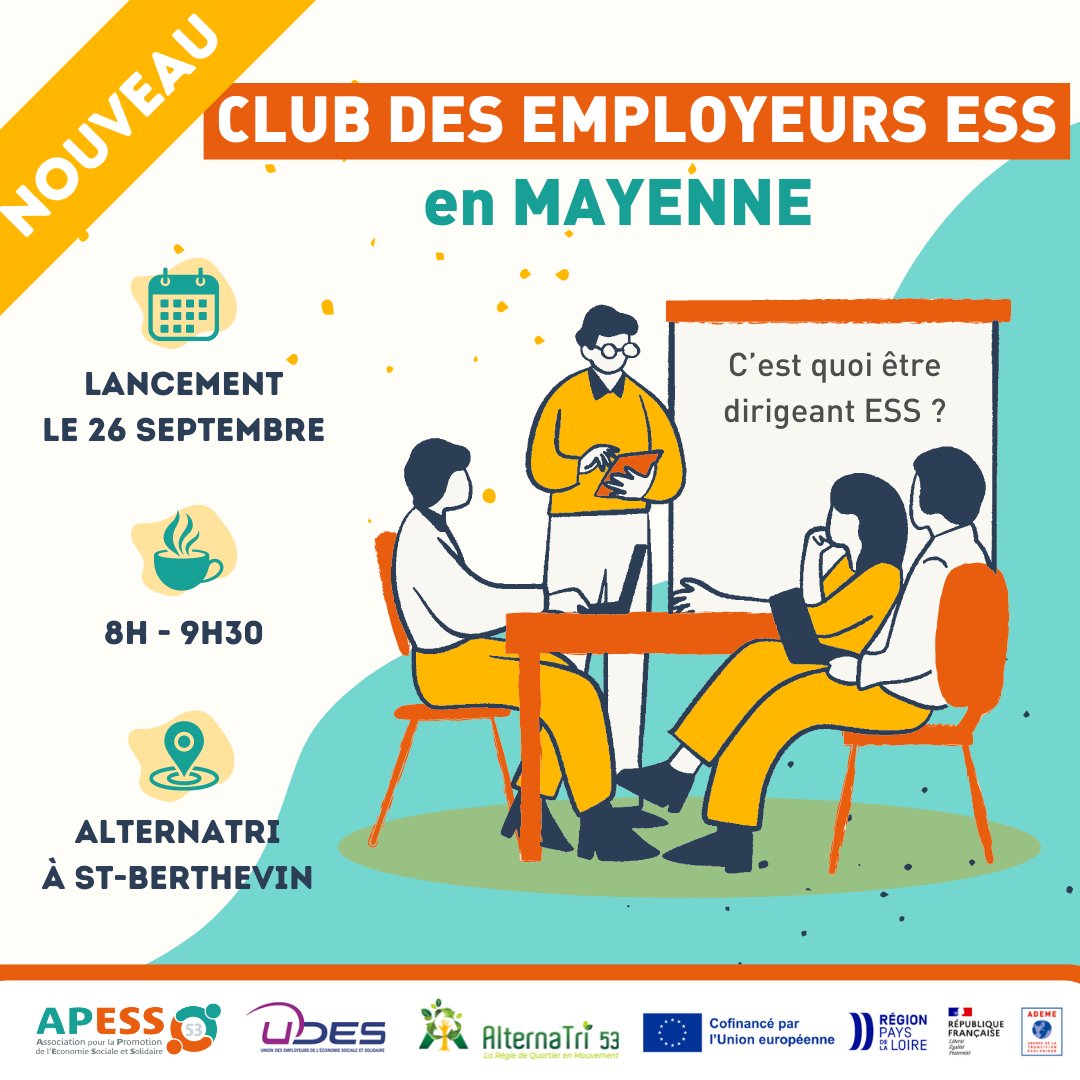 Lancement du Club Employeurs #ESS en #Mayenne le Jeudi 26 Septembre de 8h à 9h30
📍Dans les locaux d'ALTERNATRI 53 à Saint-Berthevin

Inscription 👉framaforms.org/club-employeur…