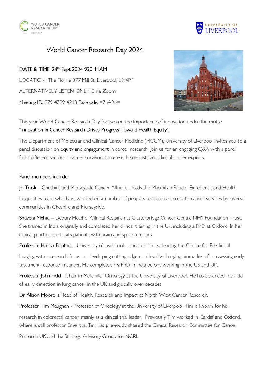 NWSTCentre's tweet photo. Sharing on behalf of our colleagues ahead of World Cancer Research Day 2024.

Please see below and share with your colleagues who may be interested. #WorldCancerResearchDay2024 #UniversityOfLiverpool #UoL https://t.co/5oZ2w4NbPo