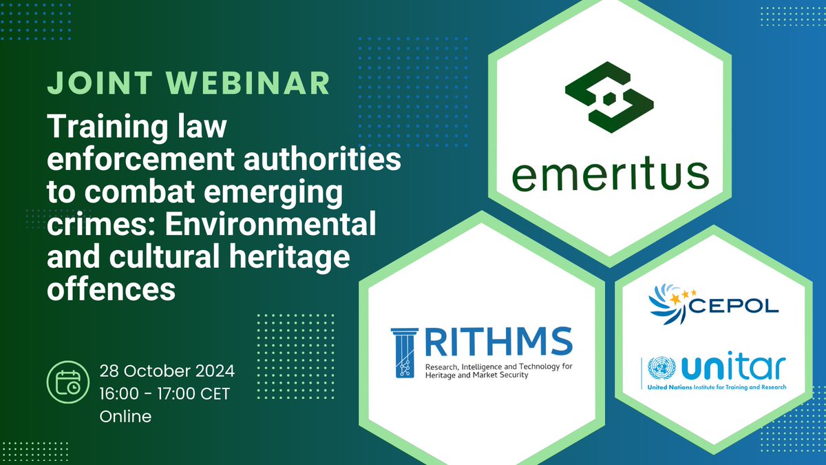 emeritus_EU's tweet image. 🚨Join our webinar🚨 
Experts from the @emeritus_EU, @RITHMS_EU, @EU_CEPOL, and @UNITAR will discuss how to equip #LEAs with the skills and tools necessary to combat these emerging threats. 
🔗 Register now: ow.ly/hJwI50TpMm2
#LawEnforcementAuthorities #EnvironmentalCrime