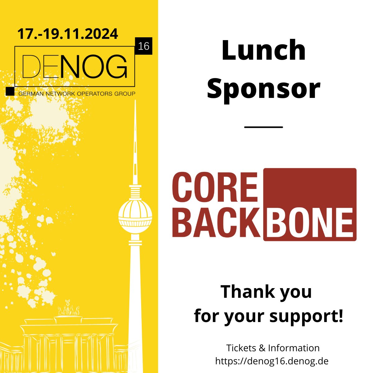 Huge thanks to <a href="/corebackbone/">Core-Backbone GmbH</a> for being a Lunch sponsor of #DENOG16! We’re thrilled to have you with us for an incredible conference. 
Learn more at denog16.denog.de
