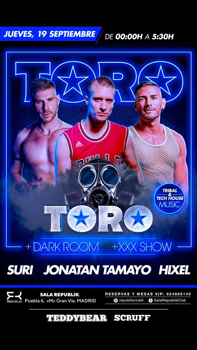 Jueves 19 Septiembre 
🎧 <a href="/DjSuriMusic/">Dj Suri 🏳️‍🌈🏳️‍⚧️</a> / <a href="/djjonatantamayo/">Dj Jonatan Tamayo</a> / <a href="/hixelmusicon/">Hixel</a>  
😈DARK ROOM
🔥 Dancers HOT @marinasantosvlntn &amp; @keizon_ruiz
🎶 Tech house, Tribal
🎟️ Entrada con DESCUENTO (RRPP)
✅ Lista vip LINK BIO
🕠 0:00h - 5:30h 
📍Calle Puebla 6, Madrid Sala @republikclub6