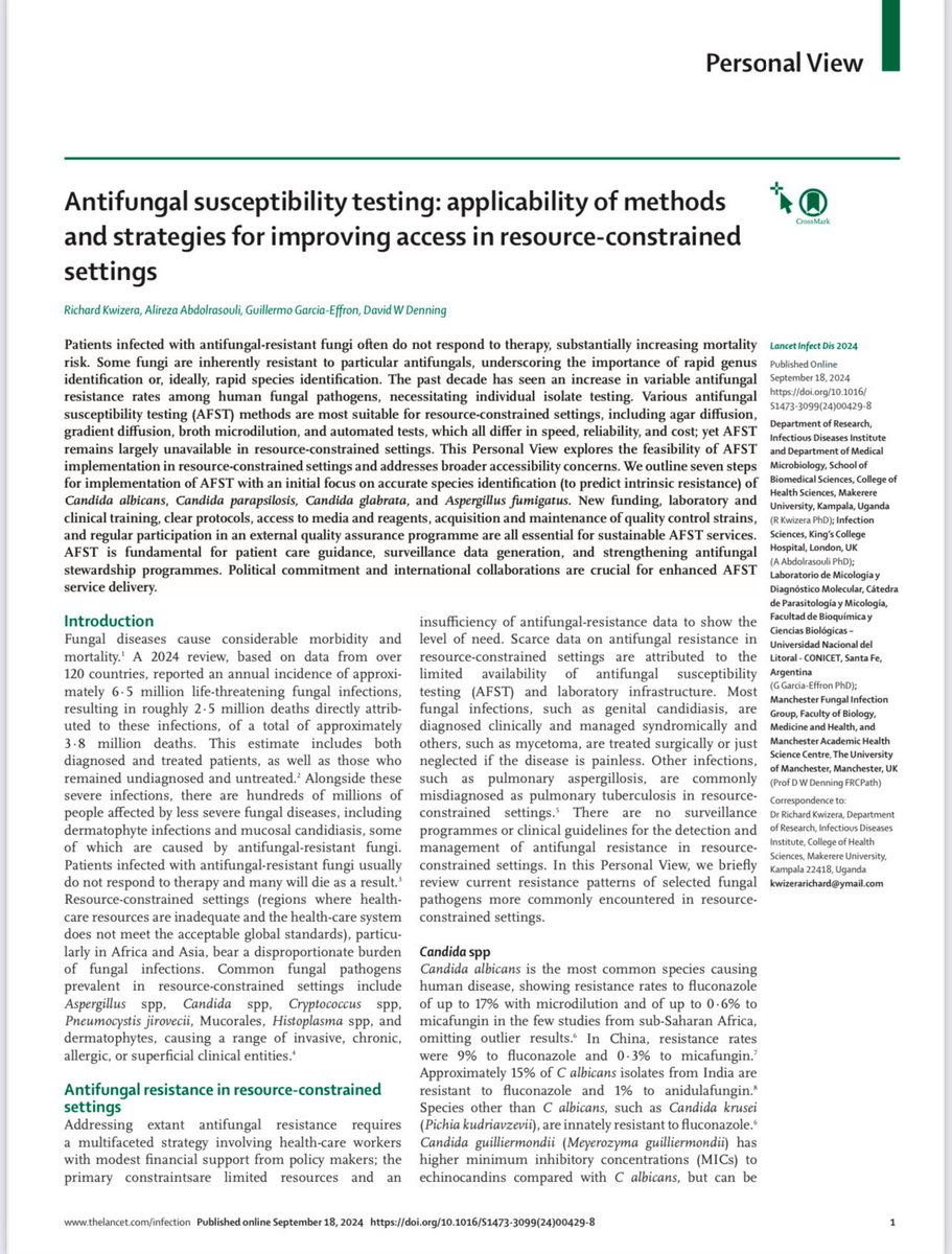 As we celebrate Fungal Disease Awareness Week, we highlight the strategies for improving access to antifungals susceptibility testing in resource constrained settings; in this Lancet Infectious Diseases paper. #FungalWeek24