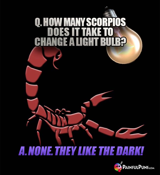 Q. How many Scorpios does it take to change a light bulb?
A. Why'd you ask? Are you a cop?

Q. How many Scorpios does it take to change a bulb?
A. None. They'd rather sit in the dark.

Q. How many assholes does it take to change a bulb?
A. 0. A-holes never see the light anyway!