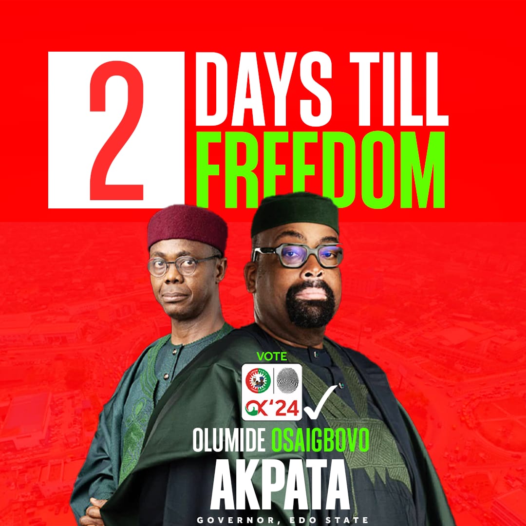 Just two days until Edo State embraces the freedom we've all been waiting for! The countdown is nearly over, and progress is within our reach. Vote Olumide Osaigbovo Akpata for Governor, and let's move Edo State forward.

#EdoForChange 
#EdoPeopleMustMatter
#EndEdoGodfatherism