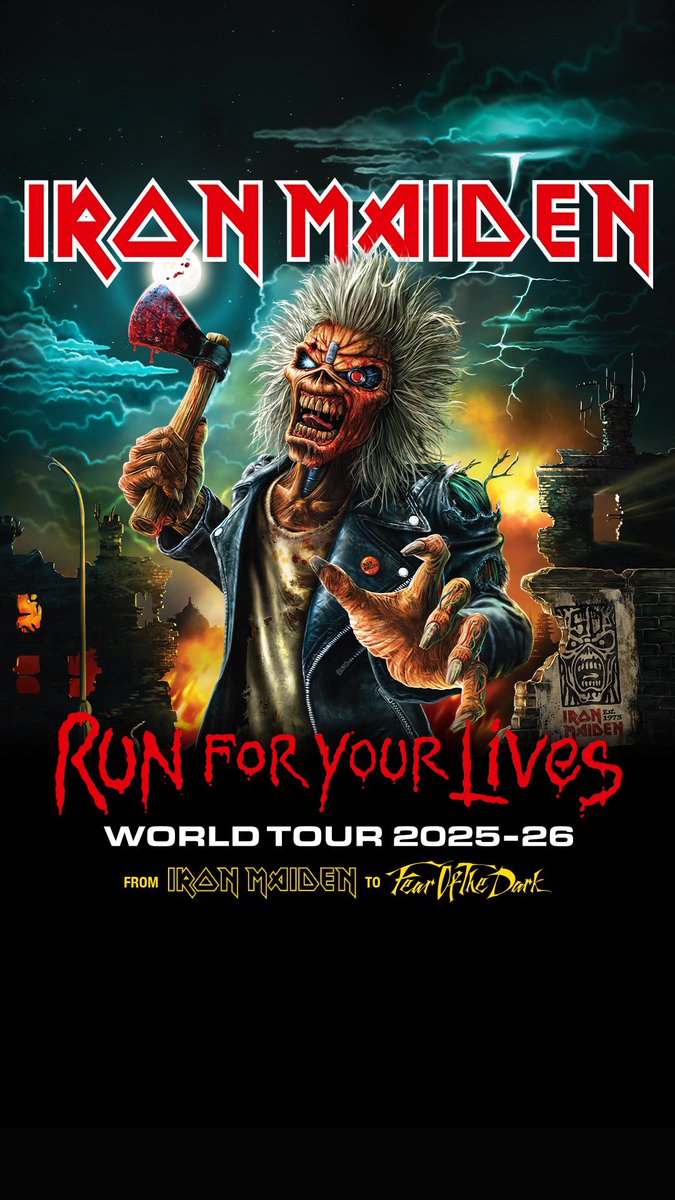 IRON MAIDEN ANNOUNCE 'RUN FOR YOUR LIVES' WORLD TOUR 2025/26!

The Run For Your Lives World Tour will kick off on May 27th next year in Budapest followed by 27 stadium, festival &amp; arena shows around Europe. The tour marks 50 years since Steve Harris formed the band in late 1975