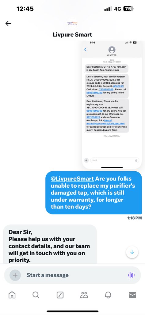 SambathkumarN's tweet photo. @LivpureSmart Please don’t buy Livpure products. Customer support is worst. Since 15 days they are unable to fix tap of my purifier (Just bought before 4 months machine still under warranty). The technician and area representative are not lifting the call. https://t.co/G7F46LNdoi