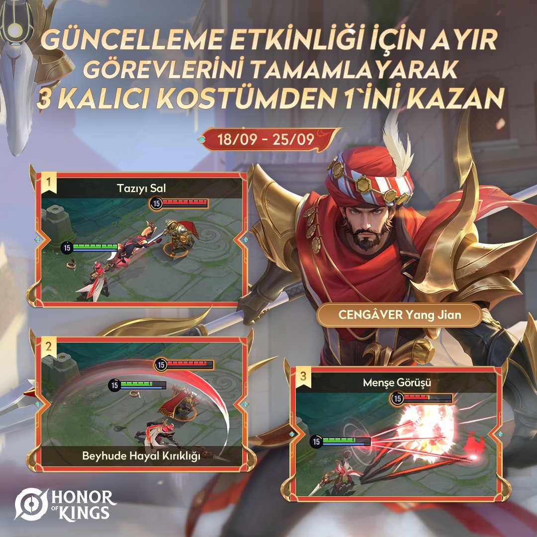 honorofkings_TR's tweet image. 25 Eylül tarihinde S7 sezon güncellemesi başlayacak! 😎

Aşağıdaki 3 kalıcı görünümden 1&apos;ini kazanma şansına sahip olun：
▪️Cengaver Yang Jian
▫️Çöl Kolcusu Liu Bei
▪️Şahi Reis Huang Zhong

#NewVersion #HonorofKings #S7ArchitectsofFate