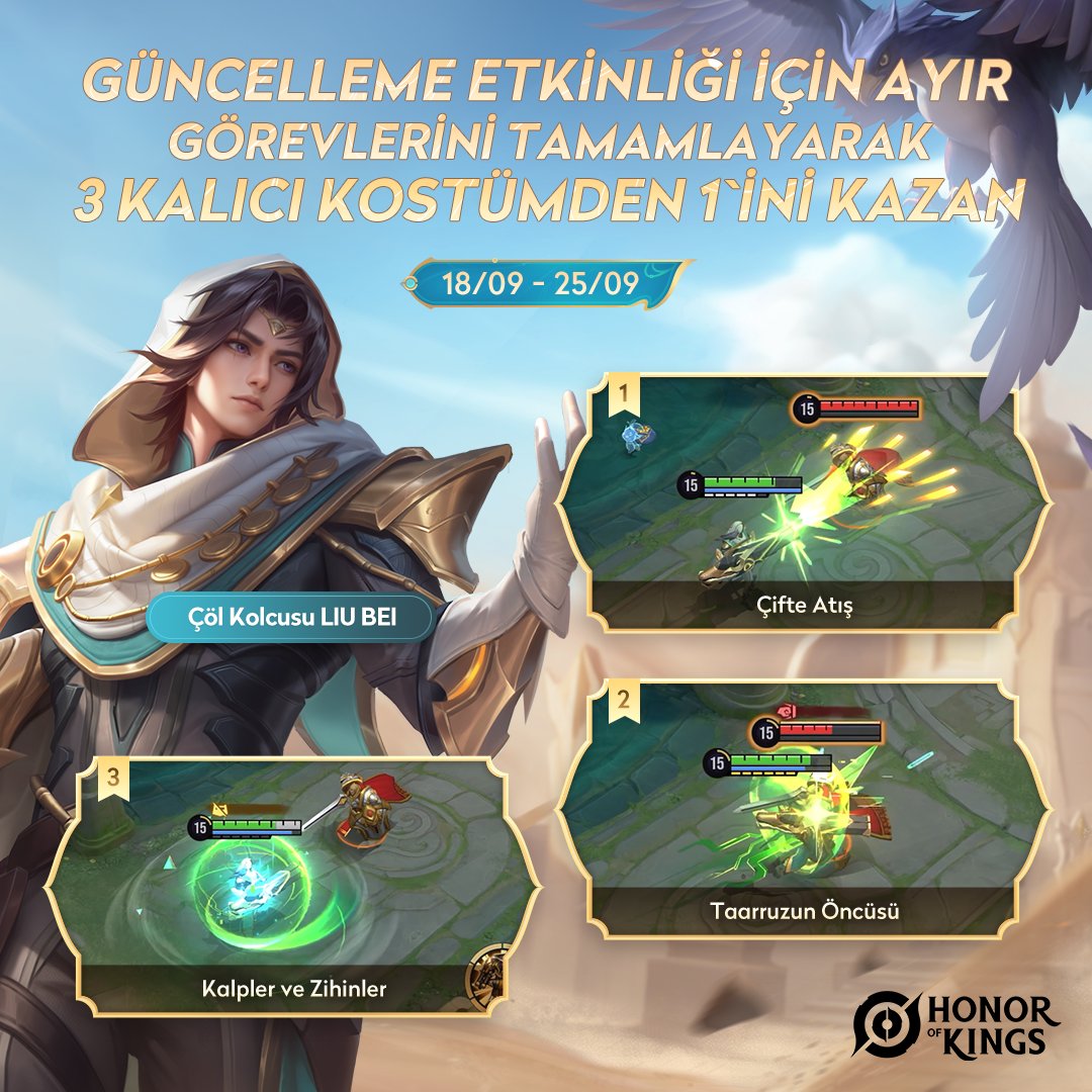 honorofkings_TR's tweet image. 25 Eylül tarihinde S7 sezon güncellemesi başlayacak! 😎

Aşağıdaki 3 kalıcı görünümden 1&apos;ini kazanma şansına sahip olun：
▪️Cengaver Yang Jian
▫️Çöl Kolcusu Liu Bei
▪️Şahi Reis Huang Zhong

#NewVersion #HonorofKings #S7ArchitectsofFate